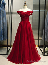 Burgundy Tulle Off the Shoulder Beading Prom Dresses